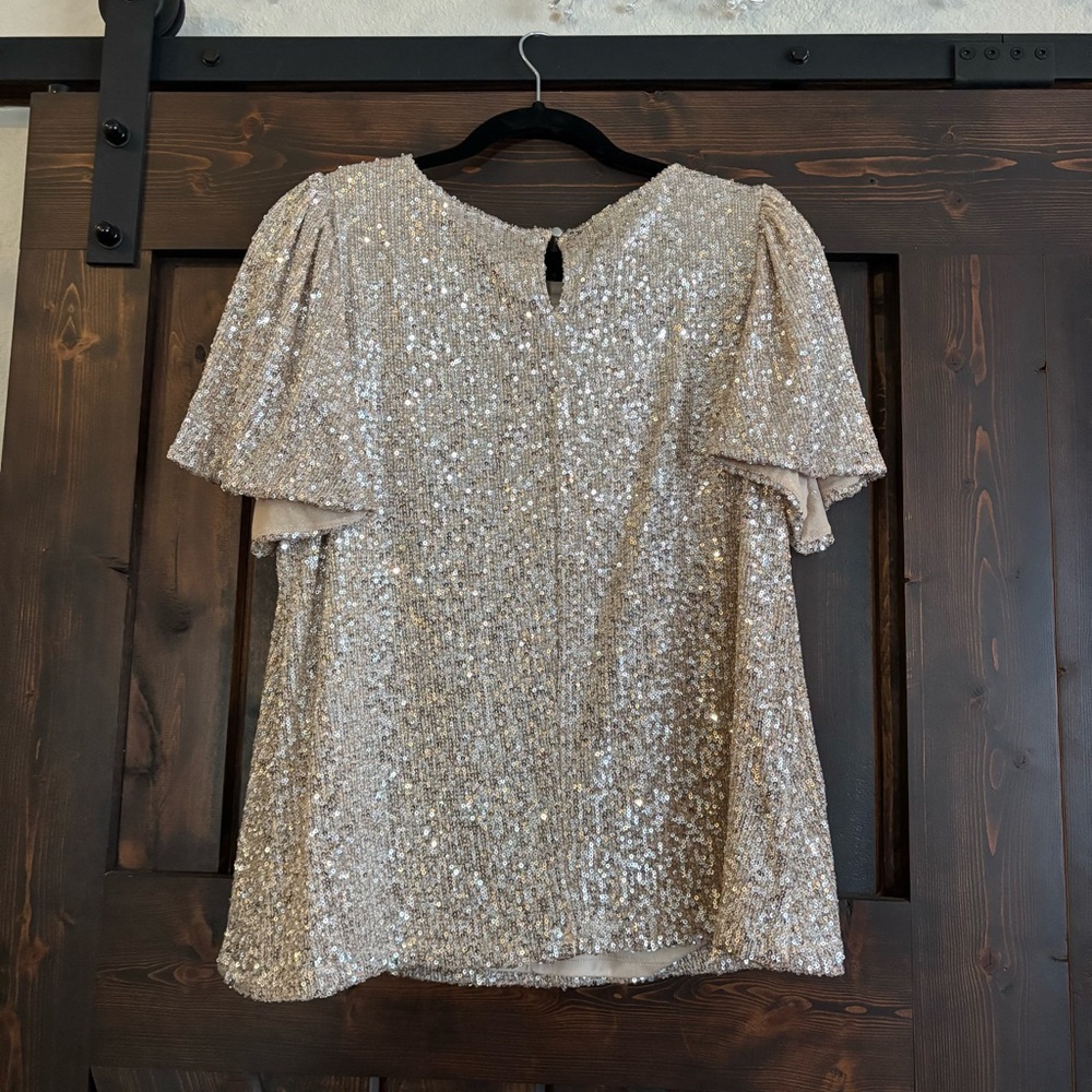 Hilary Radley Gold Platinum Sequin Blouse Short Sleeve Large - Picture 2 of 6
